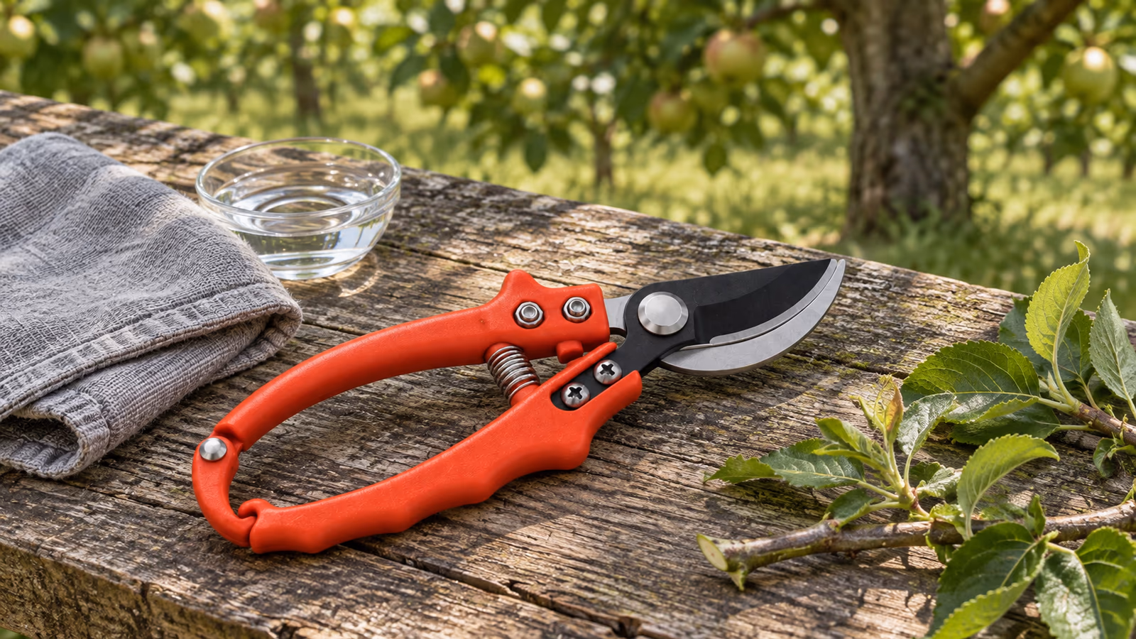 Ciseaux de greffage à poignée rouge posés sur un établi en bois, avec un chiffon et un bol d'alcool