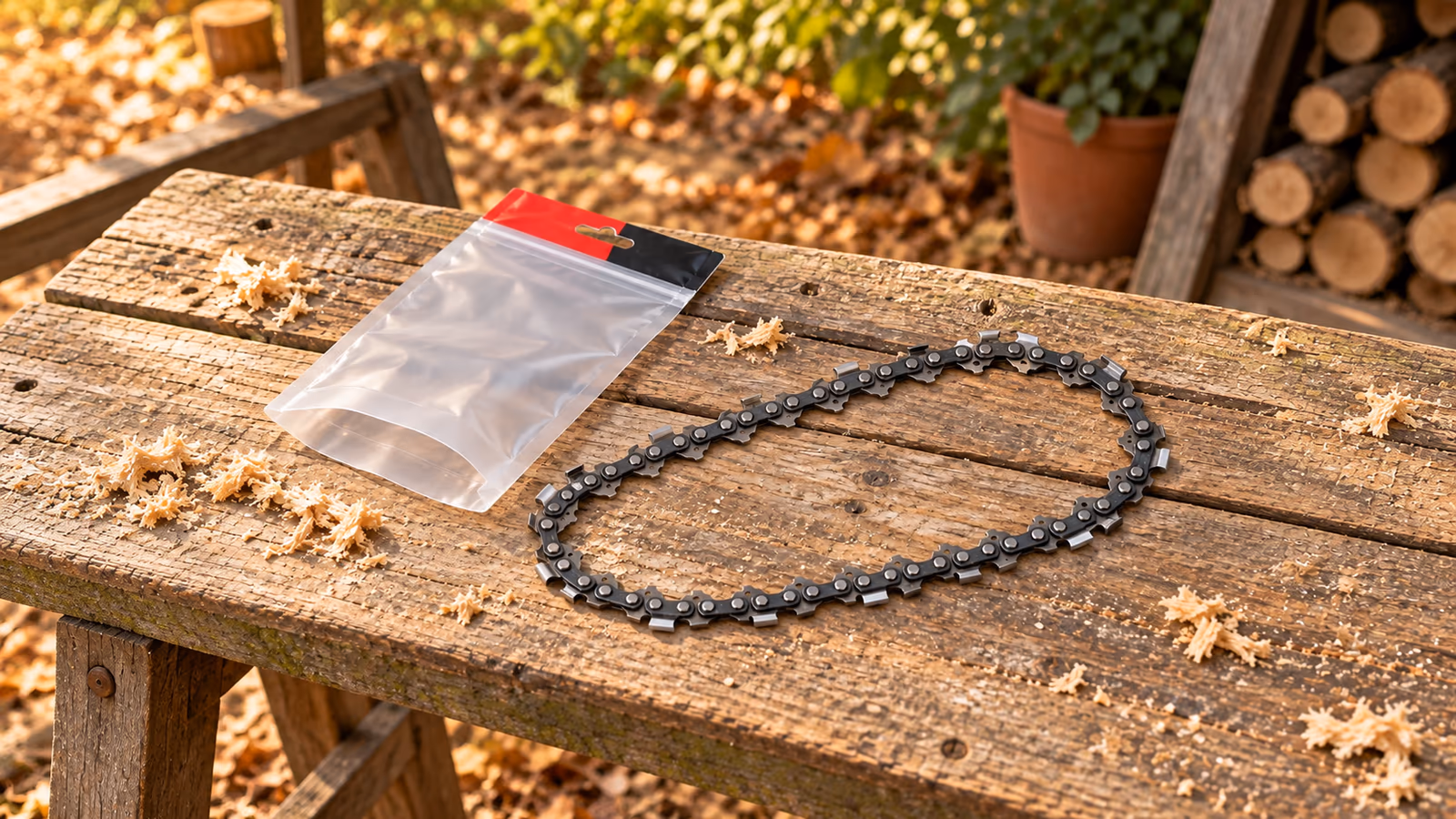 Chaîne de tronçonneuse en boucle posée à plat sur un établi en bois, son sachet imprimé ouvert juste à côté