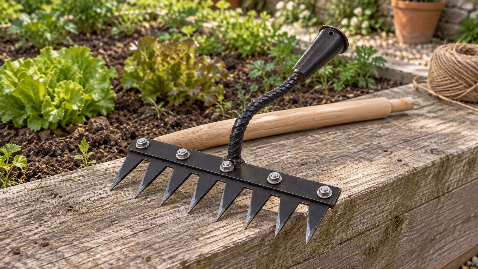 Griffe sarcloir à huit dents plates posée sur une planche de potager, sa douille conique vide à côté d'un manche en bois