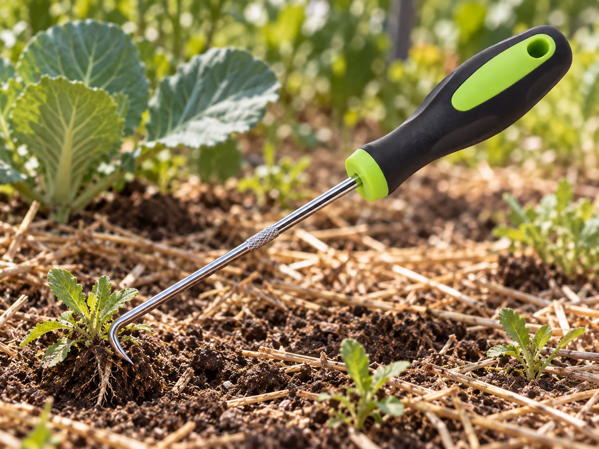 Crochet extracteur de racines à poignée bimatière planté sous une jeune herbe, racine sortie avec sa motte de terre dans un massif paillé