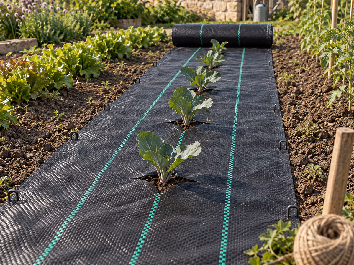 Toile de paillage tissée déroulée sur une bande de terre nue entre deux rangs de légumes, agrafes plantées sur les bords et plants passés par des fentes en croix