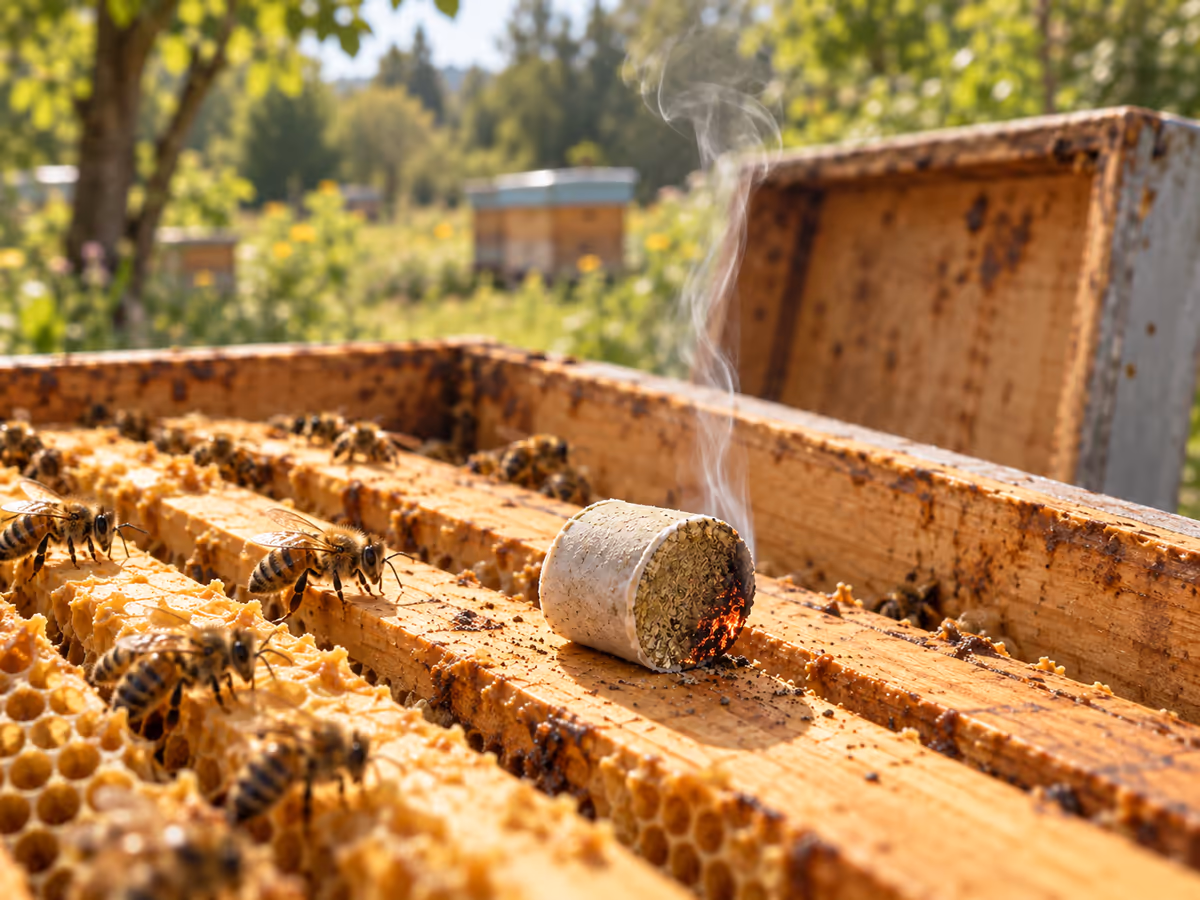 Bâtonnet de fumigation beige et olive qui se consume sur les têtes de cadres d'une ruche ouverte, mince filet de fumée blanche, couvercle en appui contre la paroi
