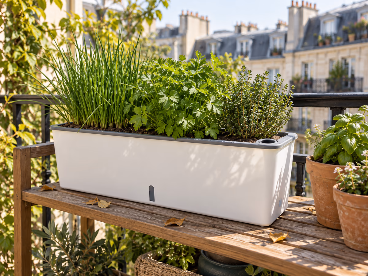 Jardinière à réserve d'eau sur une étagère de balcon en été, plantes aromatiques et réserve visible en façade