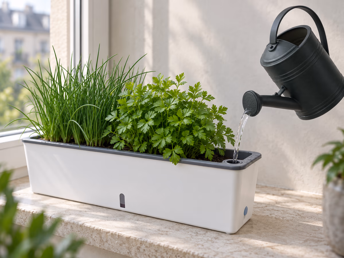Arrosoir à bec fin posé contre l'orifice de remplissage d'une jardinière blanche sur un rebord, réserve visible à mi-niveau