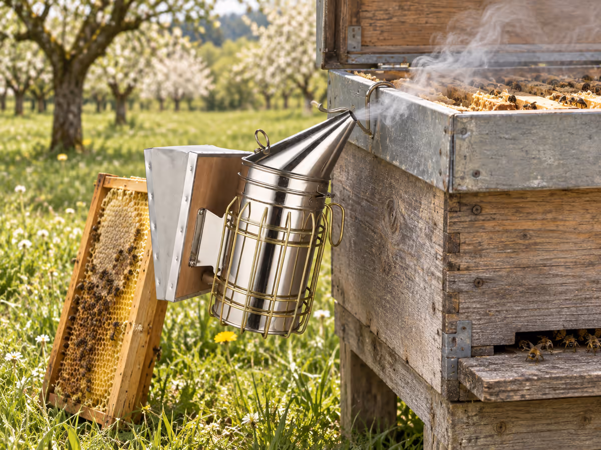 Enfumoir inox suspendu par son crochet au bord d'une ruche en bois ouverte, cage de protection métallique visible, filet de fumée vers l'entrée
