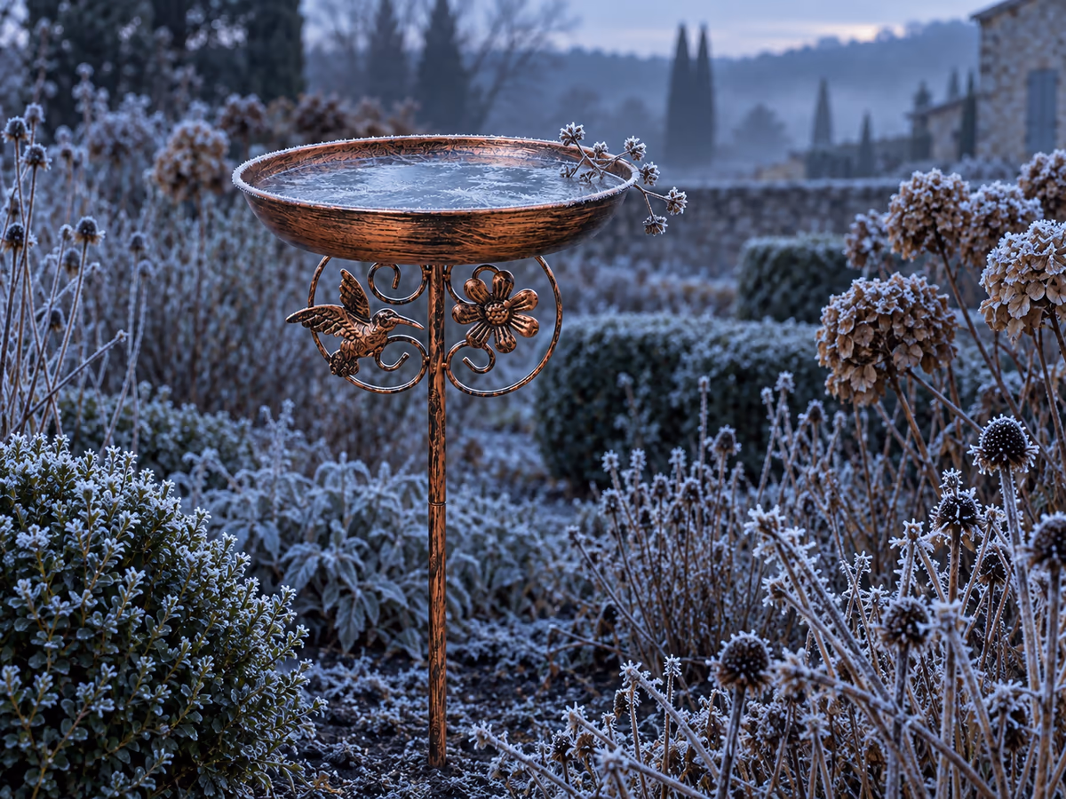 Vasque de métal patiné couverte d'une fine pellicule de givre, brindilles givrées autour, lumière bleue du petit matin d'hiver