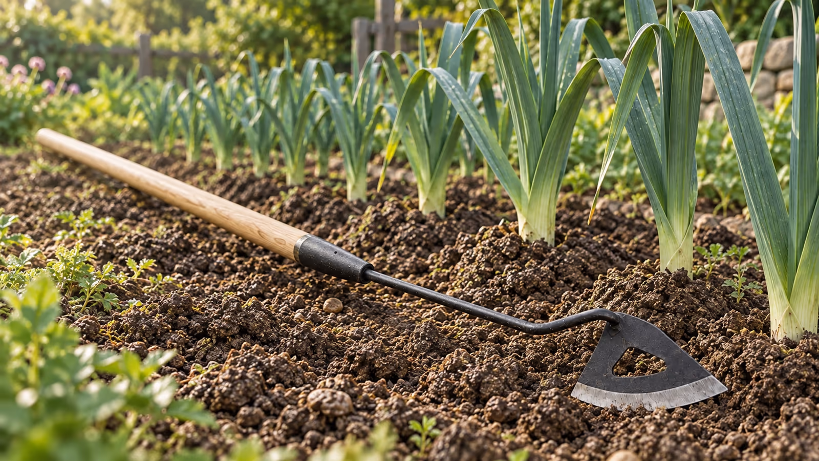 Tête de binette à lame creuse montée sur un manche en bois, posée en travers d'un rang de poireaux buttés dans un potager au printemps