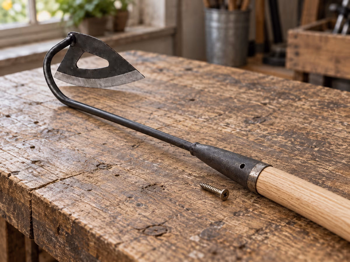 Douille conique d'une tête de binette engagée sur un manche en bois, vis de fixation posée à côté sur une table d'atelier