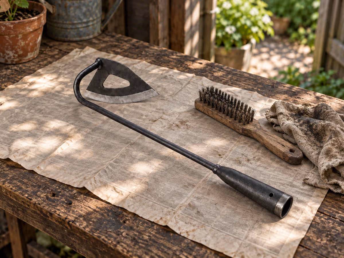 Lame de binette en acier brossée sur un journal, brosse métallique et chiffon huilé posés à côté, à l'ombre d'un abri de jardin