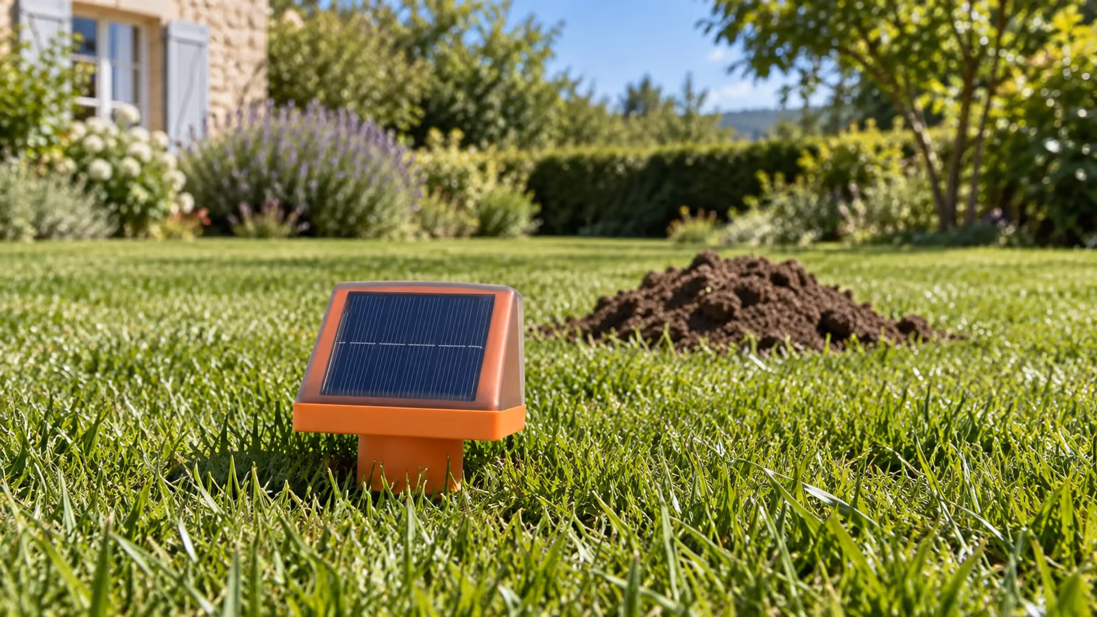 Tube noir en spirale vissé dans une pelouse, boîtier orange à panneau solaire incliné au-dessus de l'herbe, taupinière fraîche à proximité