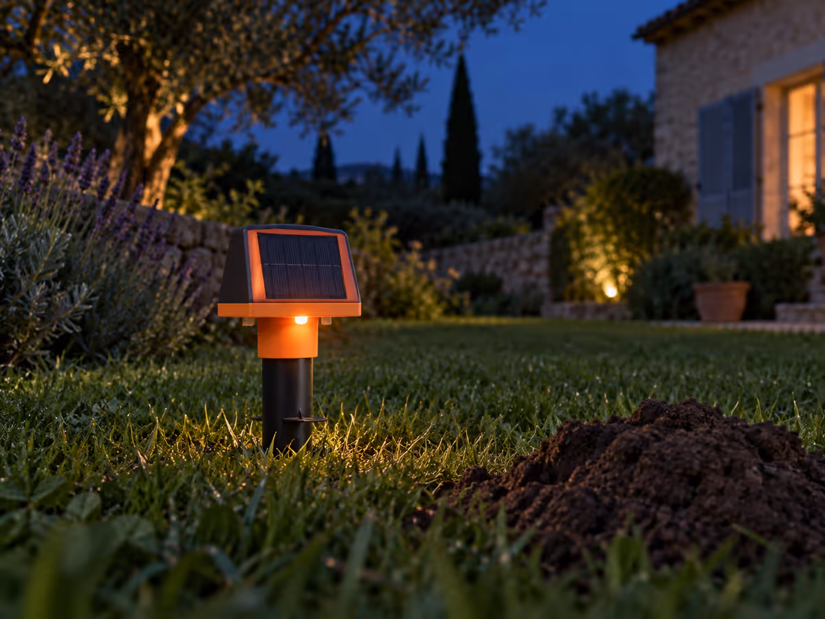 Voyant lumineux allumé sur le boîtier d'un tube répulsif dans une pelouse au crépuscule, herbe et taupinière en pénombre
