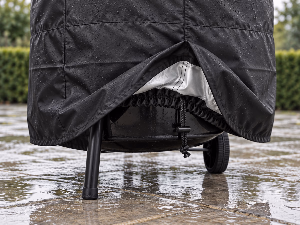 Bas d'une couverture de gril noire soulevée d'un côté au-dessus de la cuve, ourlet et cordon apparents, terrasse humide après la pluie