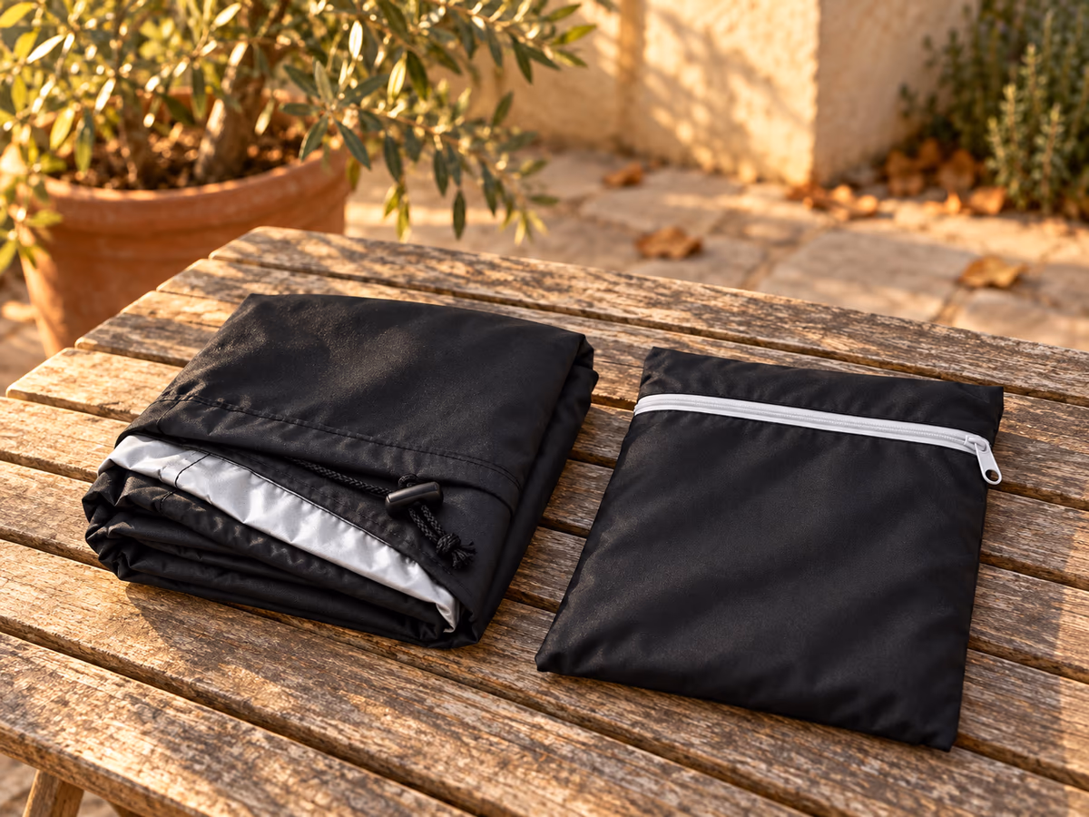 Couverture de gril noire pliée en quatre sur une table de terrasse, pochette de rangement zippée posée à côté, lumière de fin de journée