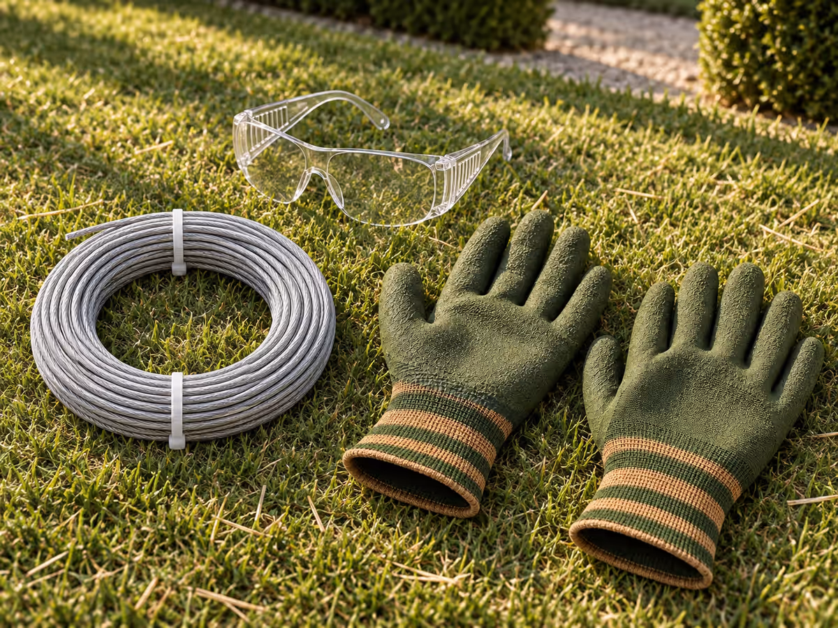 Bobine de fil d'acier gris déposée sur l'herbe rase à côté de lunettes de protection et d'une paire de gants de cuir
