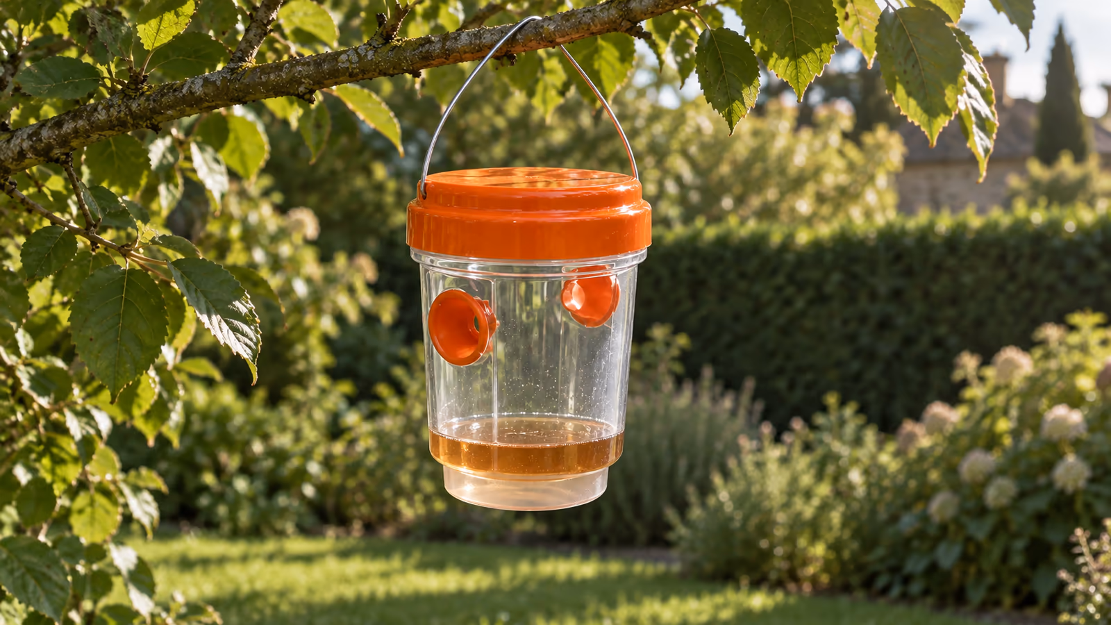 Piège à guêpes à corps transparent et couvercle orange suspendu à une branche au-dessus d'une haie, lumière de fin d'été