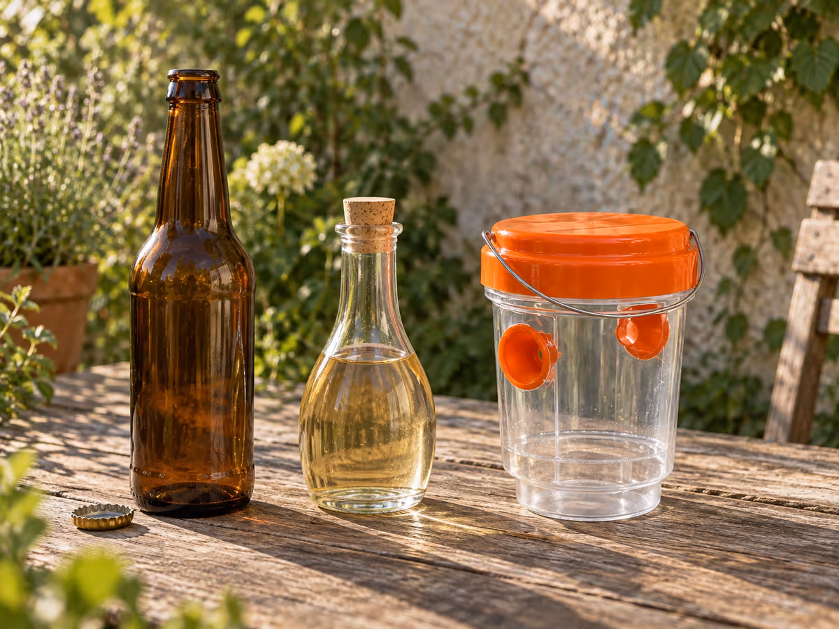 Bouteille de bière ouverte et petit flacon de vinaigre posés sur une table de jardin, piège à guêpes à corps transparent à côté