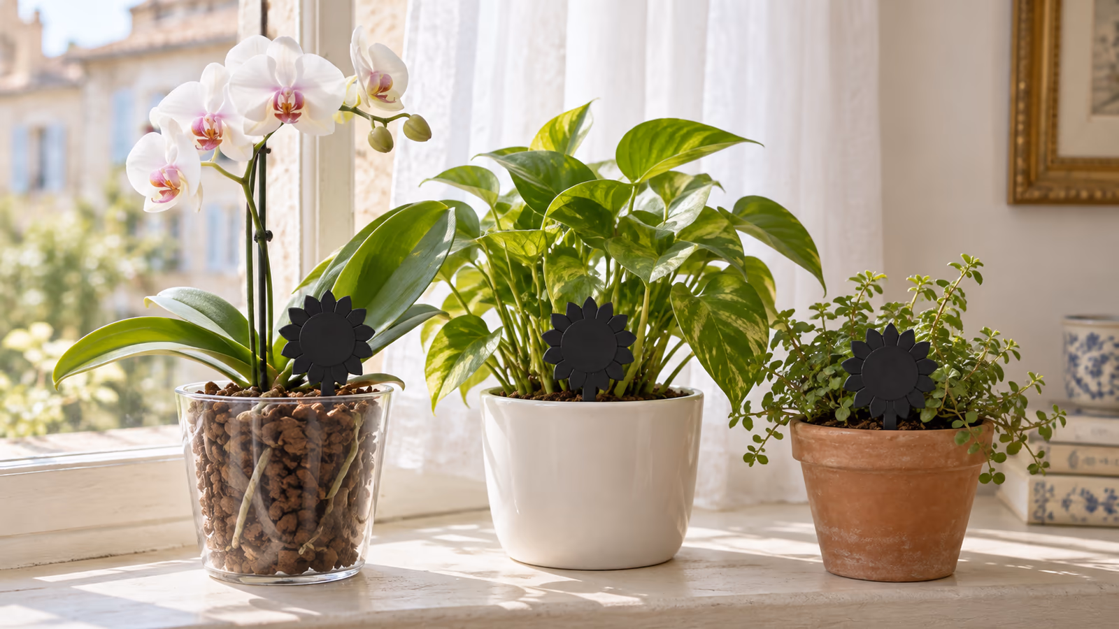 Trois plaques collantes noires en forme de tournesol plantées au ras du terreau de pots de plantes vertes, sur un rebord de fenêtre lumineux