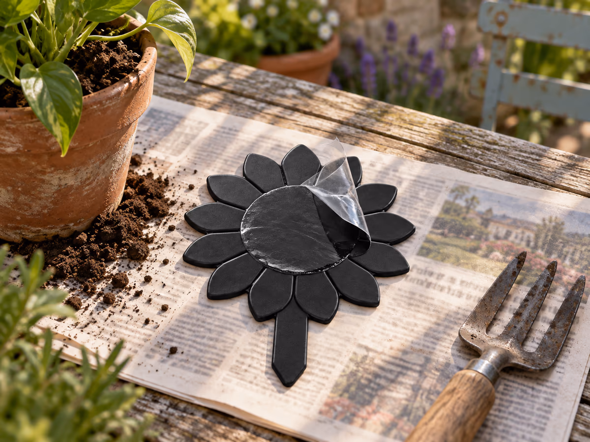 Plaque noire en forme de tournesol à demi dégagée de sa pellicule transparente, posée à plat sur un journal près d'un pot de plante verte au terreau ameubli