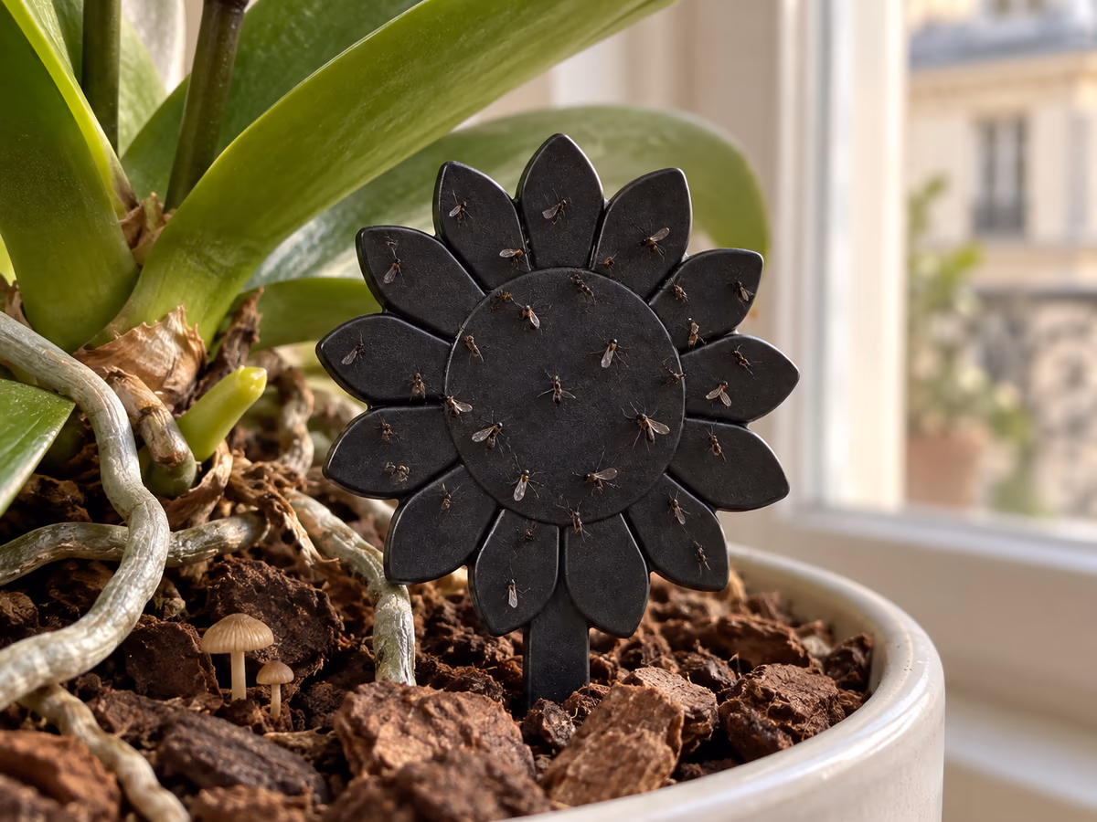 Plaque noire en forme de tournesol plantée au ras du terreau d'une orchidée, surface piquetée de petits insectes collés