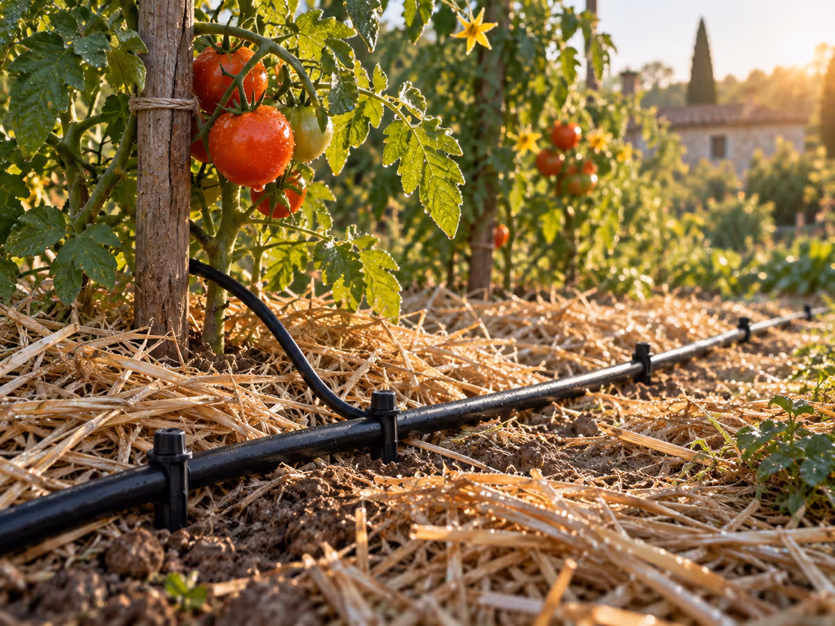 Tuyau de goutte-à-goutte posé au pied de plants de tomates paillés, lumière basse du petit matin dans un potager de jardin