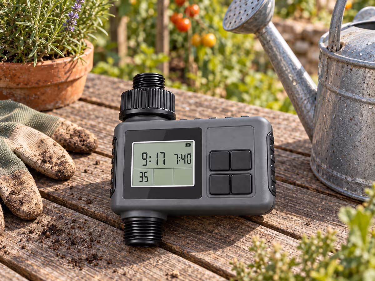 Programmateur d'arrosage à écran LCD posé sur une table de jardin en bois, affichage de l'heure et des quatre boutons visibles, arrosoir et gants à côté