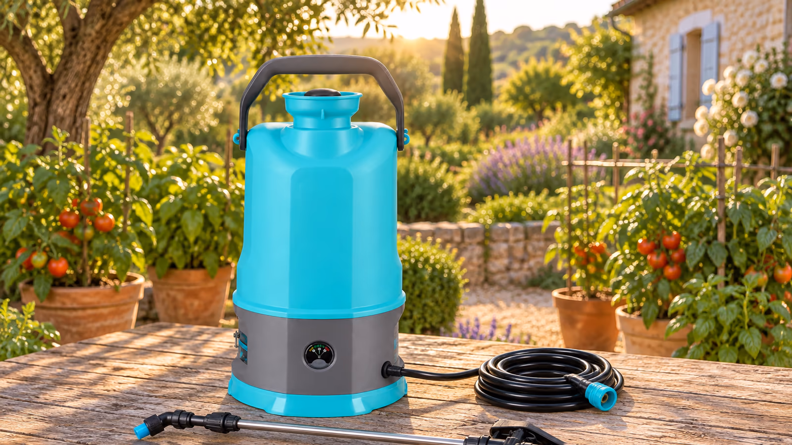 Pulvérisateur électrique à dos bleu foncé posé sur une table de jardin en bois, lance et buse réglable à côté, plants de tomates en pot en arrière-plan