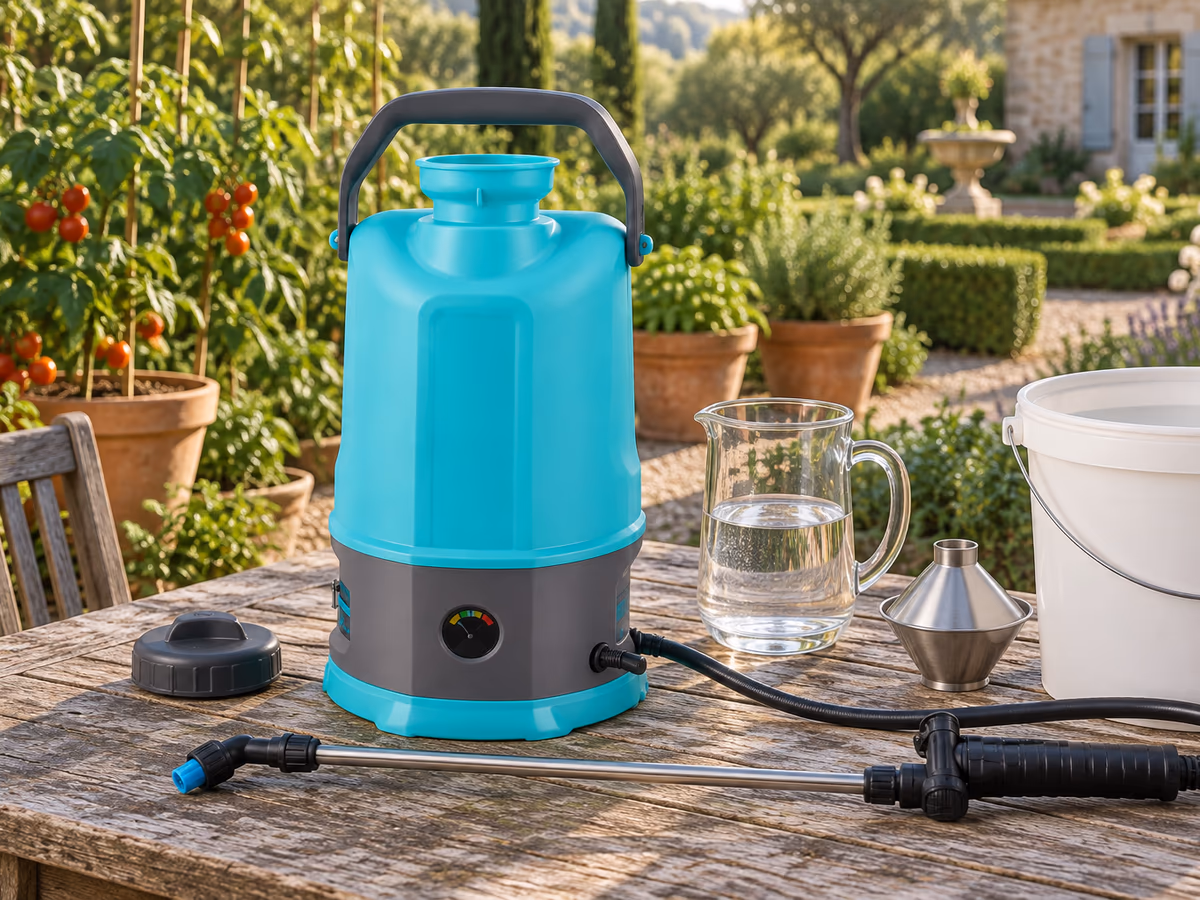 Verre doseur, seau d'eau et cuve de pulvérisateur ouverte sur une table de jardin en bois, plants de tomates en pot derrière