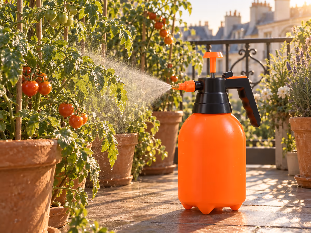 Brume fine sortie d'un pulvérisateur orange enveloppant des plants de tomates en pot sur un balcon, le matin