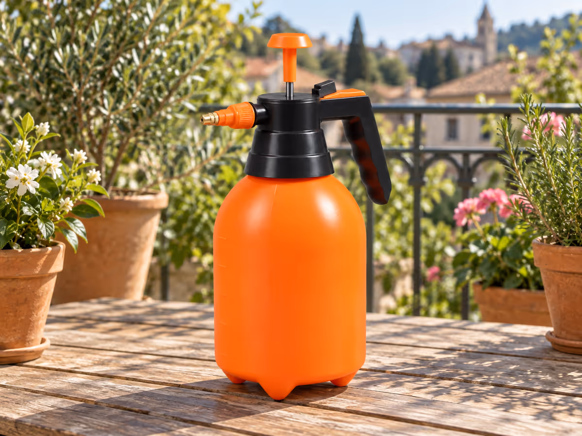 Pulvérisateur orange de 2 L posé sur ses trois pieds sur une table de balcon, poignée de pompage relevée au-dessus du bouchon noir