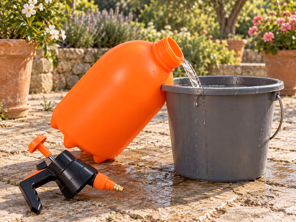 Réservoir orange de pulvérisateur rincé à l'eau claire au-dessus d'un seau, buse dirigée vers l'extérieur de la terrasse