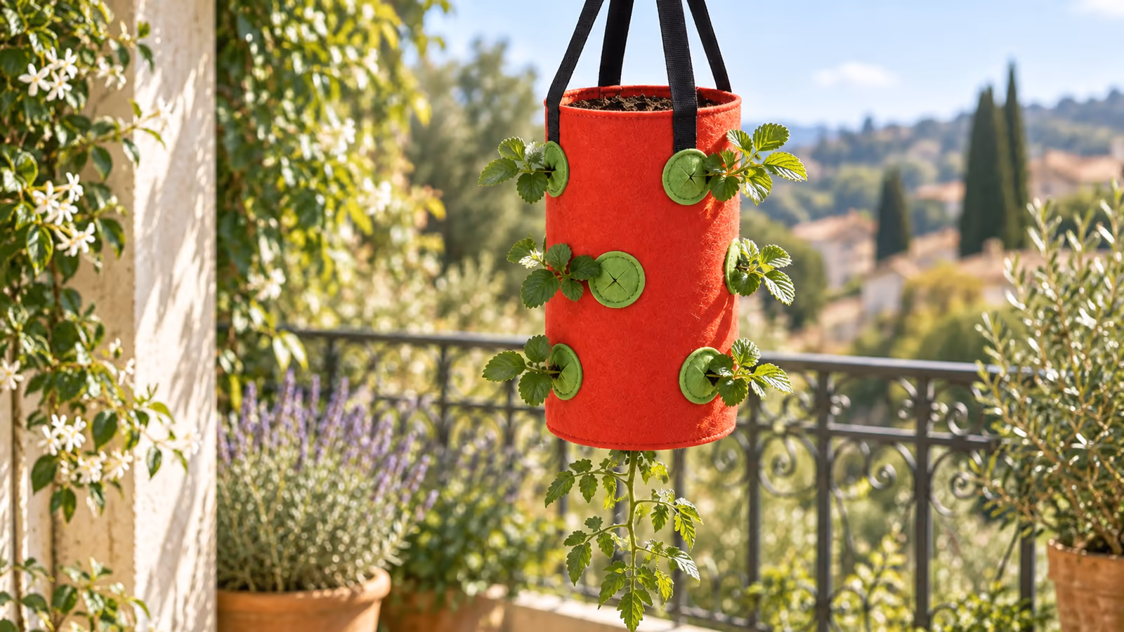 Sac de culture suspendu en feutre rouge garni de terreau, tomate cerise descendant sous le fond ouvert et fraisiers dans les poches latérales