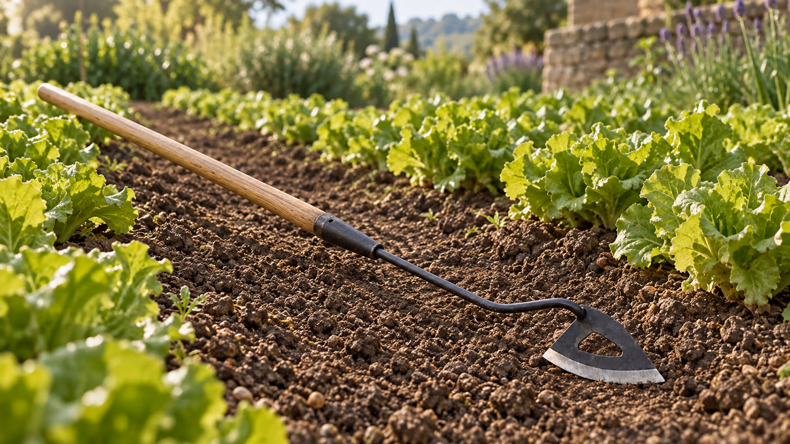 Binette à lame triangulaire creuse appuyée à plat dans l'inter-rang terreux d'un potager en été