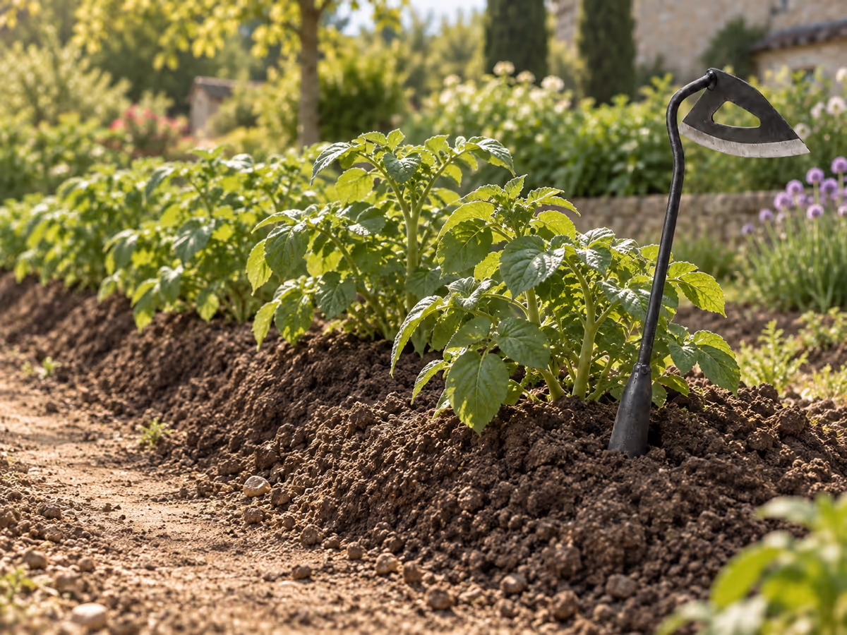 Butte de terre fraîche au pied d'un rang de plants de pommes de terre en début d'été