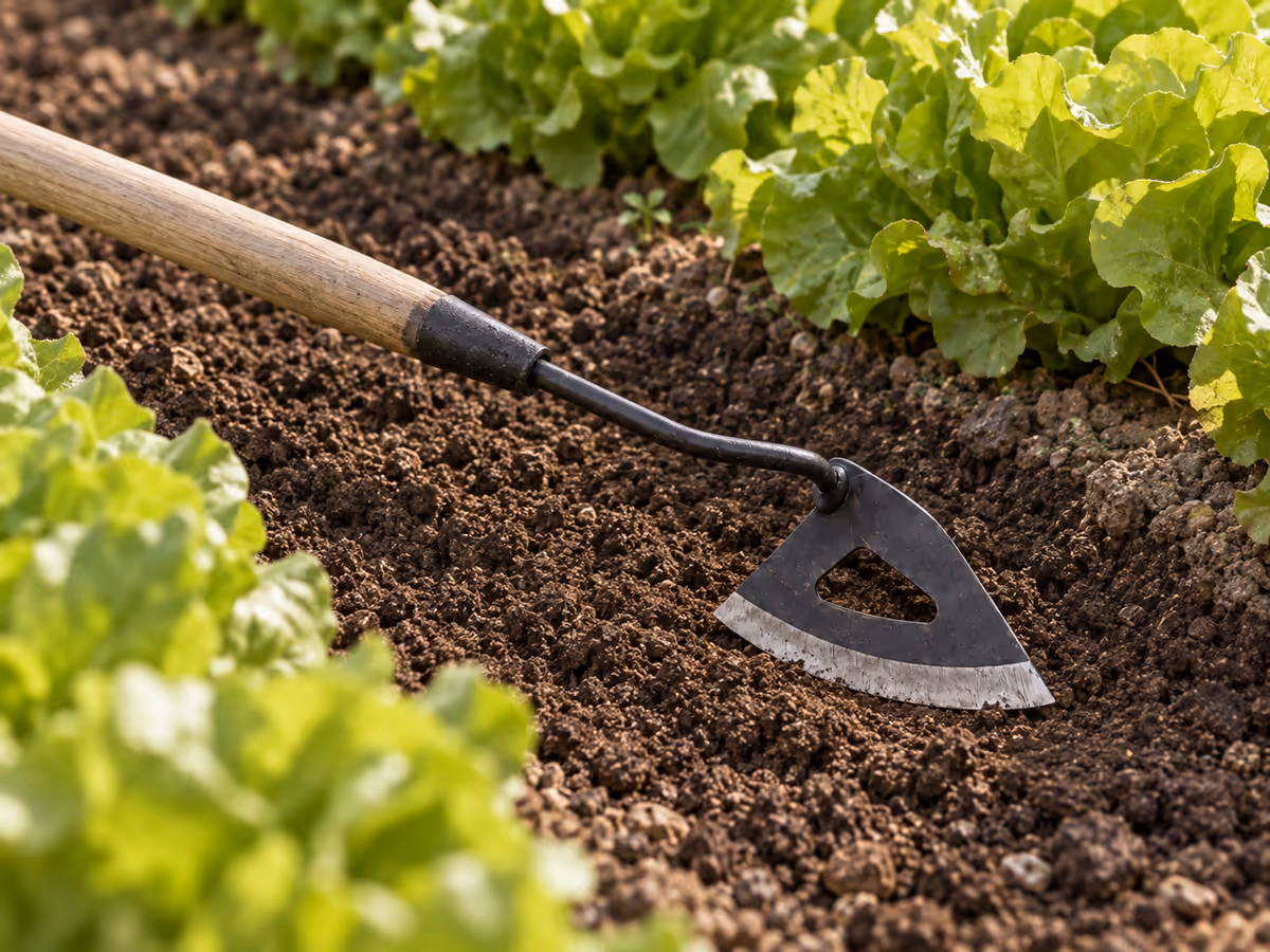 Lame de binette à plat dans la terre ameublie entre deux rangs de laitues au potager