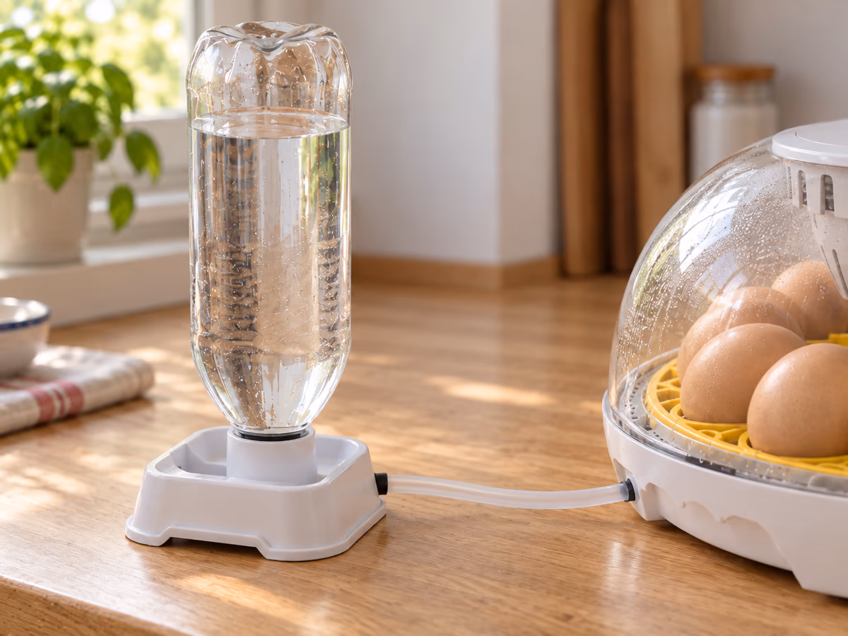 Bouteille d'eau translucide retournée sur son socle blanc à côté d'une couveuse, tuyau souple reliant l'embout au bac, lumière douce de cuisine en arrière-plan