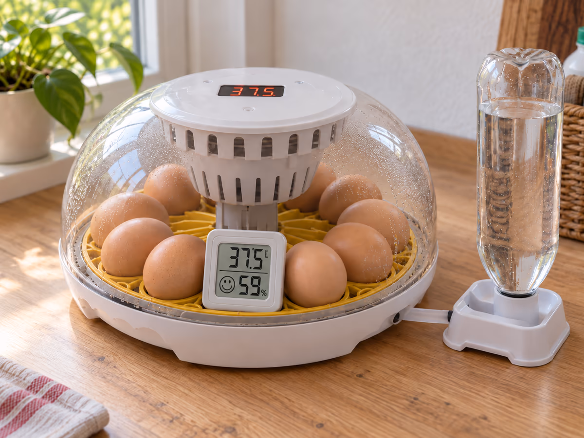 Petit thermomètre à écran posé dans une couveuse à hauteur du haut d'oeufs bruns, dôme transparent refermé et écran de la couveuse allumé en façade