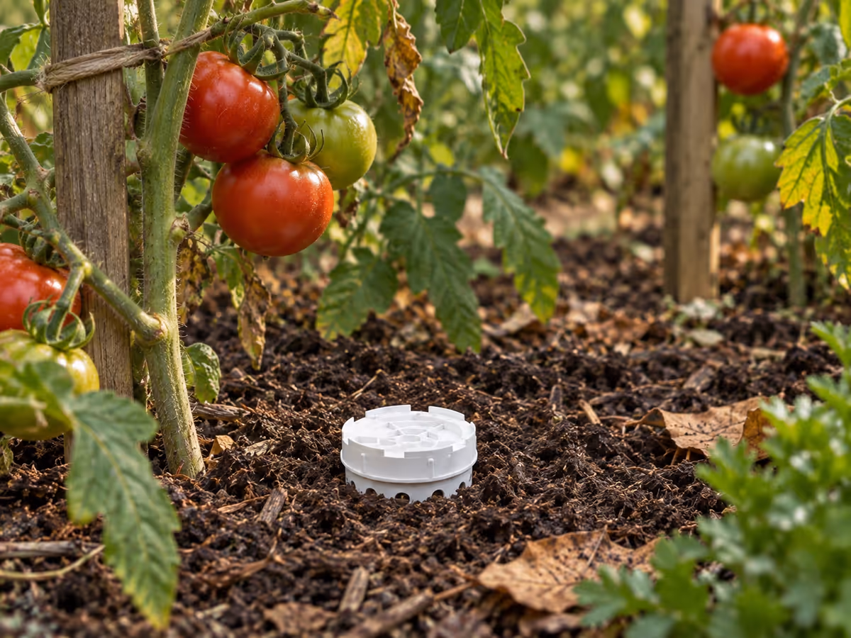 Gros plan sur le couvercle à baïonnette d'un lombricomposteur enterré entre des plants de tomates