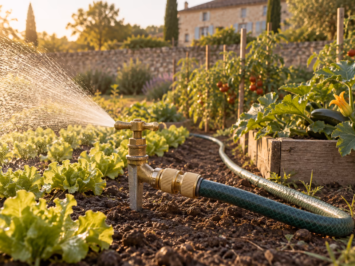 Arrosage manuel d'un potager estival sous une belle lumière rasante