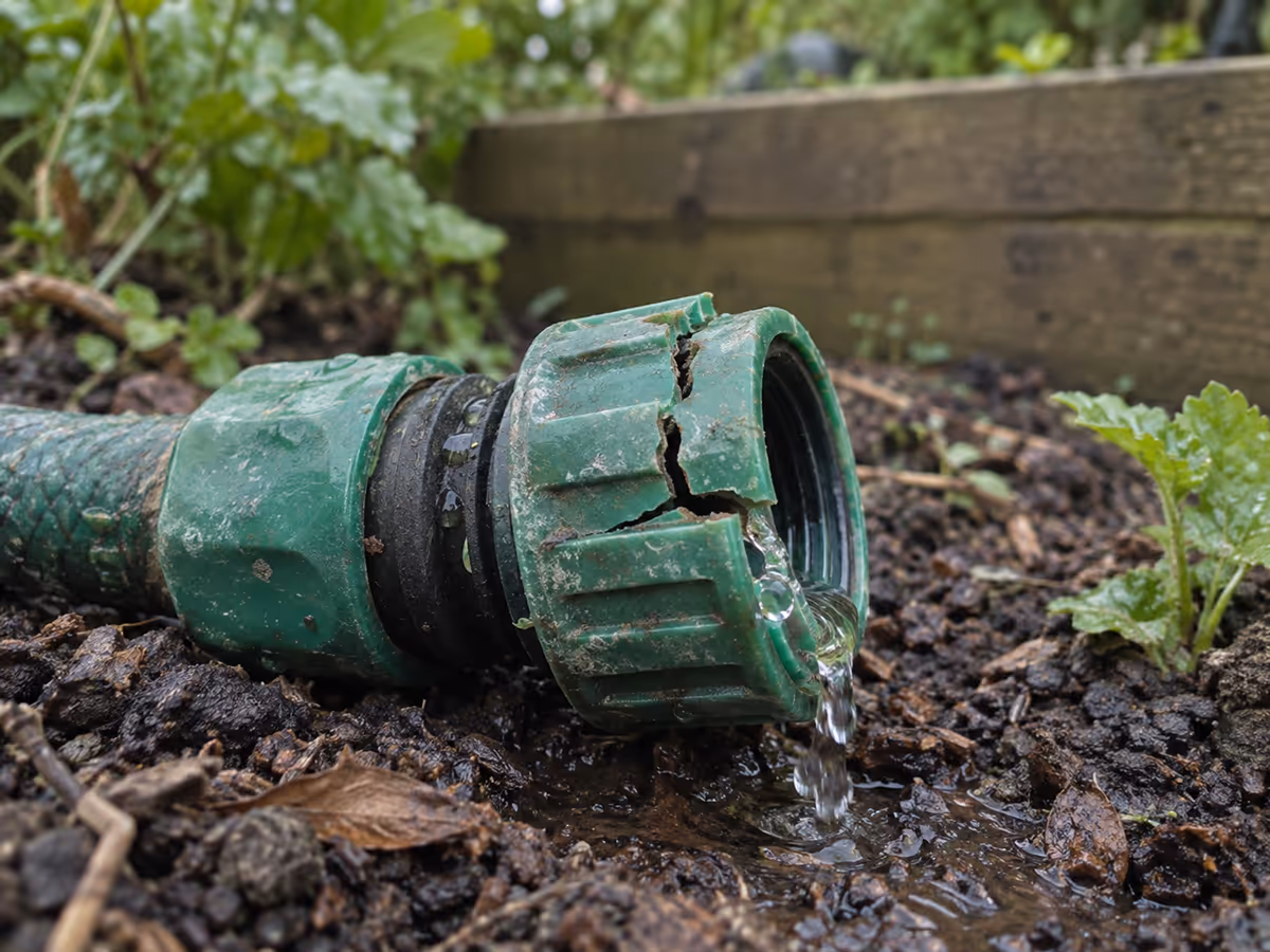 Gouttes d'eau s'échappant d'un raccord rapide en plastique vert fendu au niveau de son pas de vis