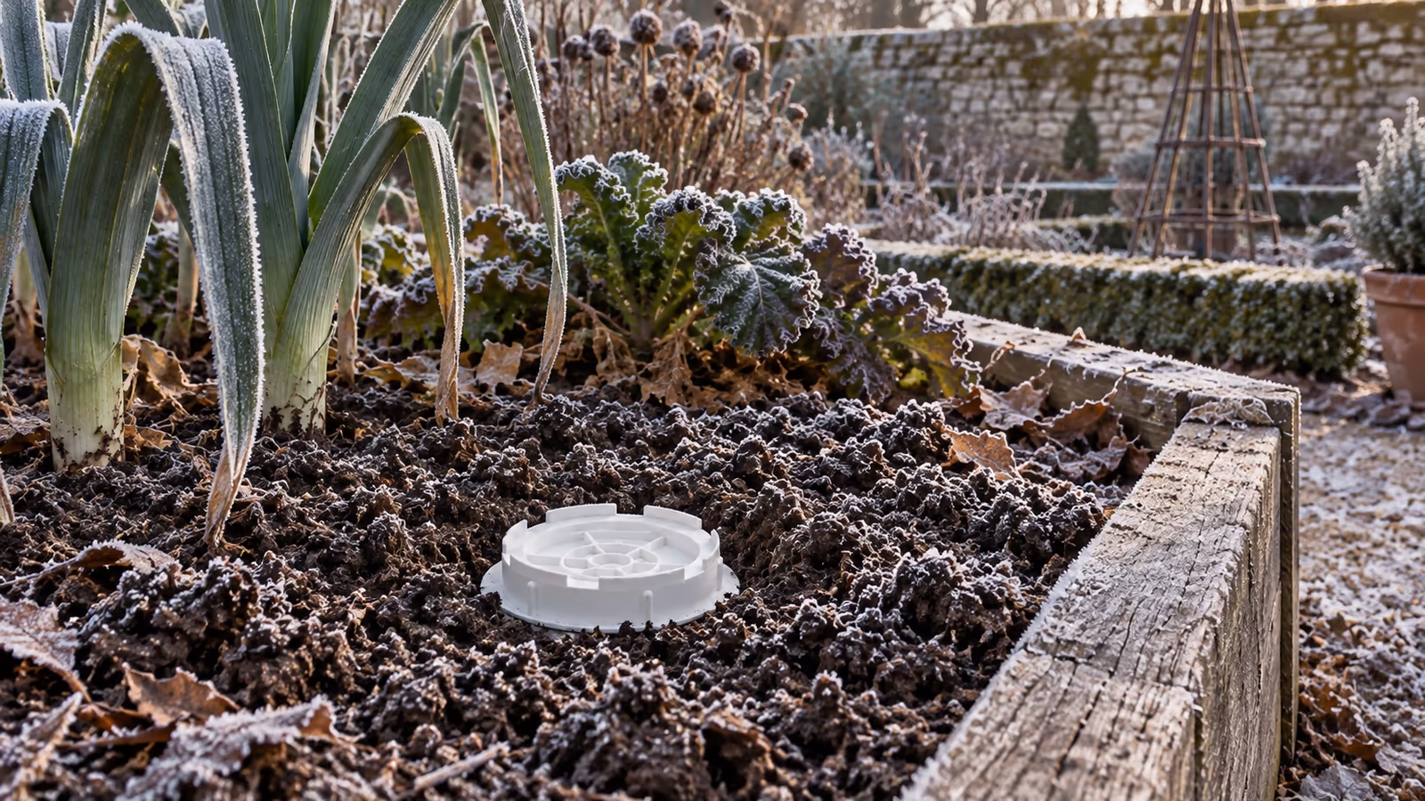 Bac à compost enterré au pied d'une planche de culture, collerette et couvercle blancs affleurant une terre prise par la gelée, mottes soulevées autour