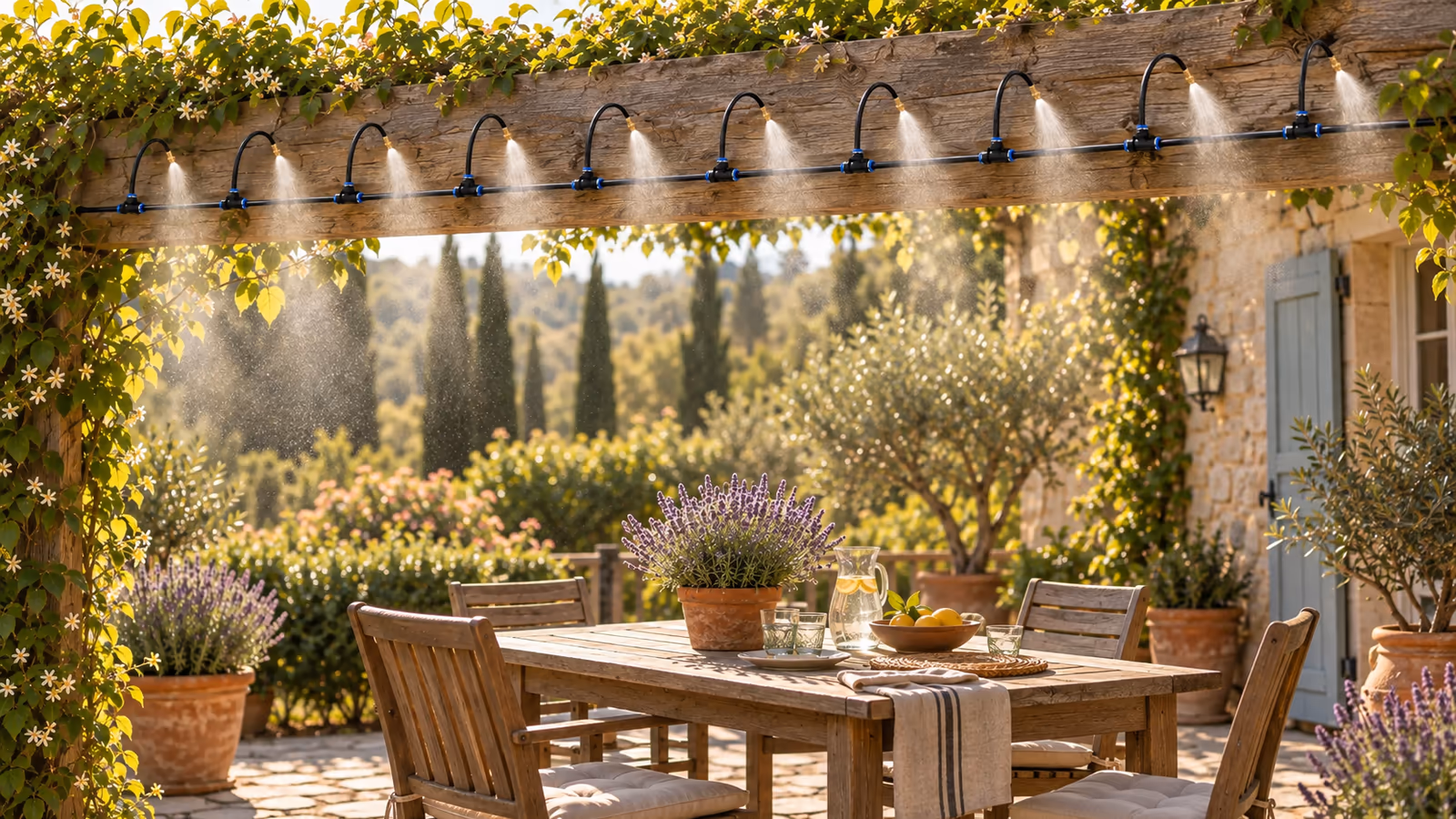 Ligne de brumisation fixée sous une pergola de terrasse en bois, fine brume suspendue dans la lumière d'un après-midi d'été
