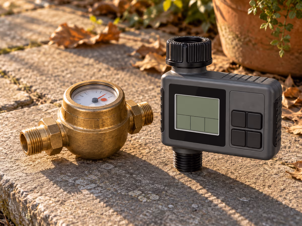 Compteur d'eau de jardin en laiton et programmateur à écran posés sur une dalle de terrasse, lumière rasante de fin d'après-midi