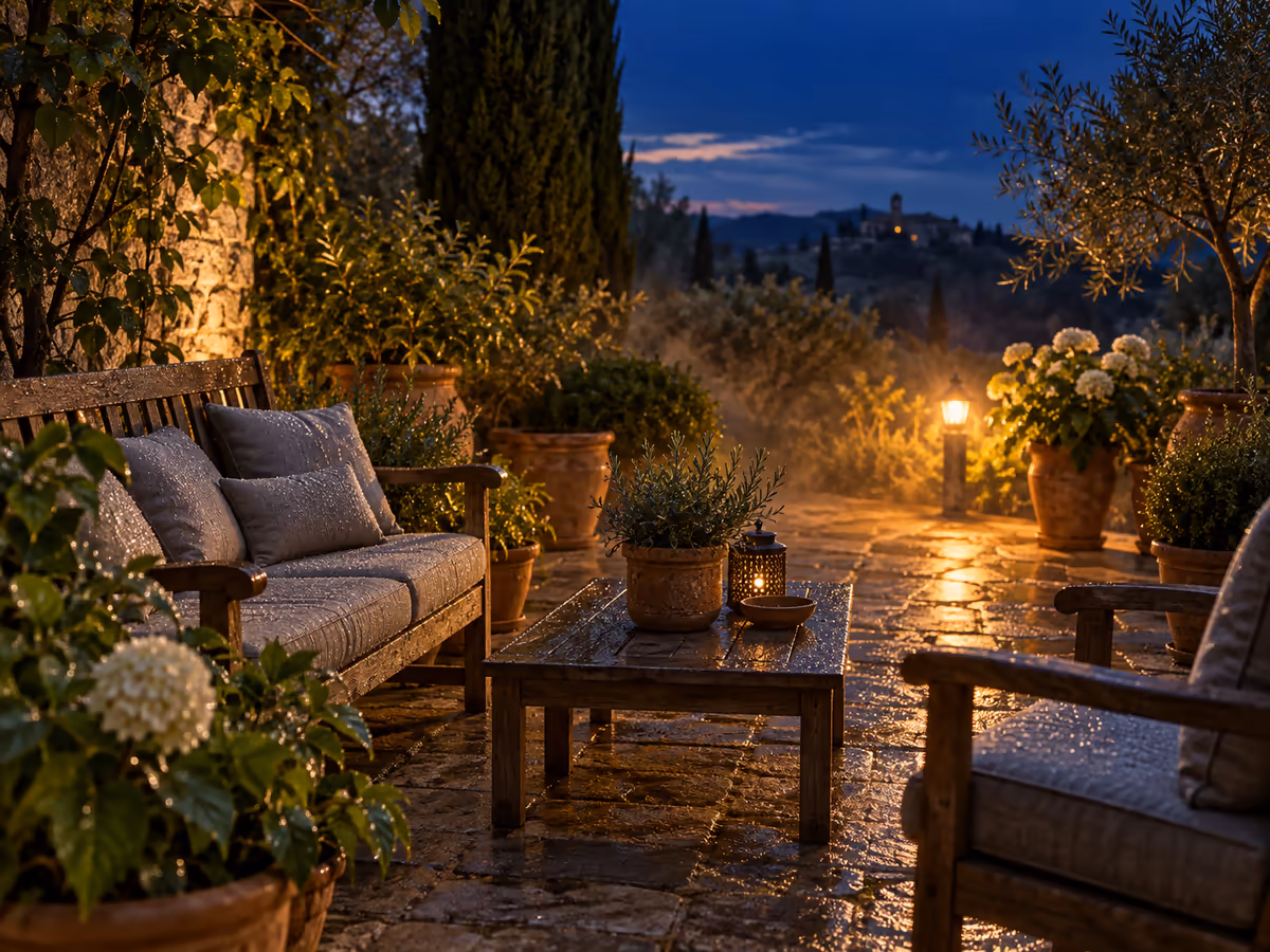 Terrasse au crépuscule, coussins de jardin et potées encore humides, brume résiduelle éclairée par une lampe basse