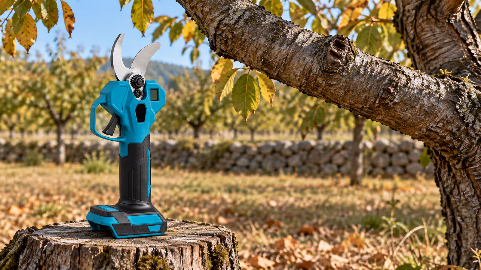 Sécateur électrique posé sur une souche face à une branche épaisse de cerisier dans un verger d'automne