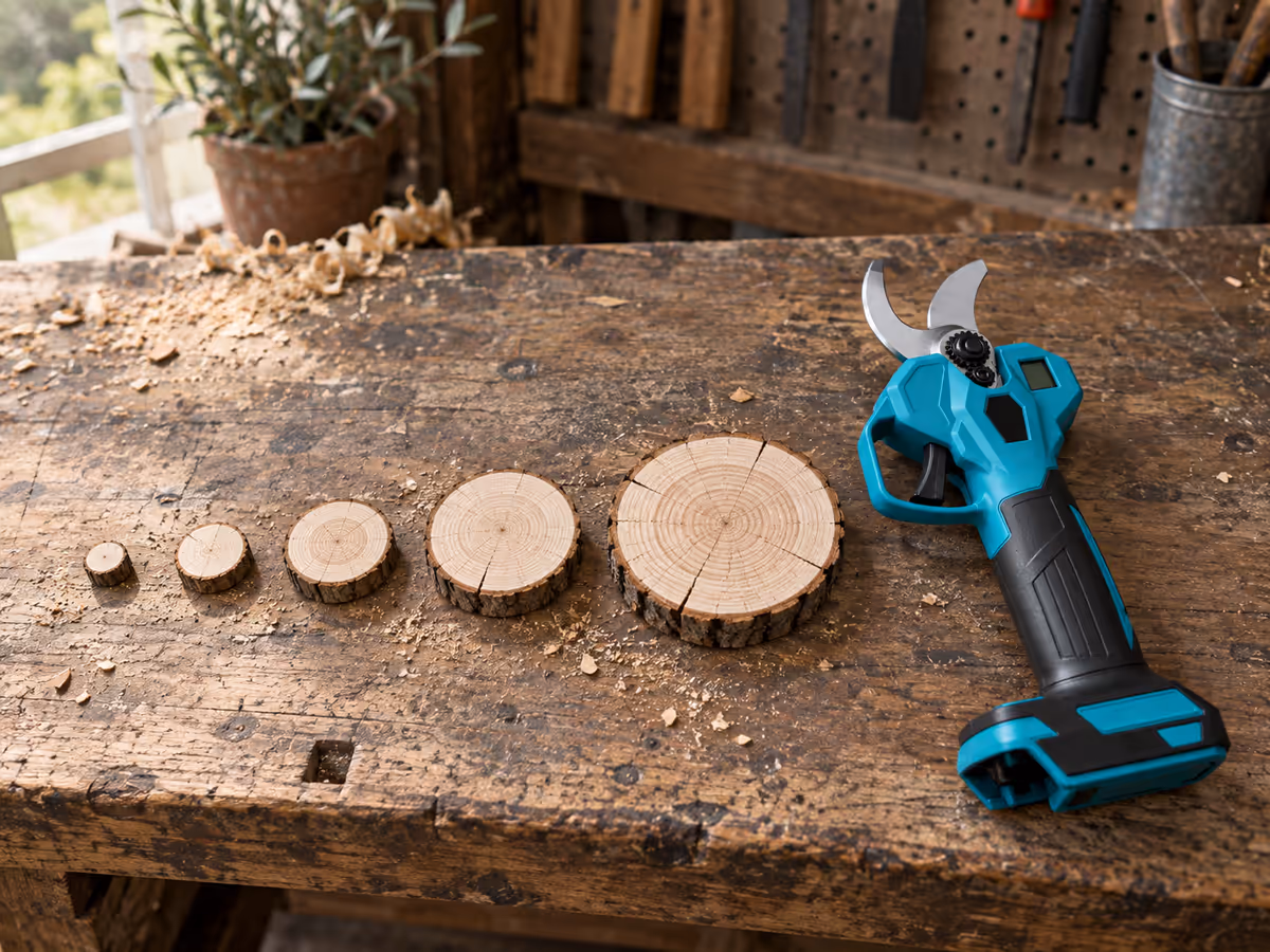 Rondelles de bois de diamètres différents posées côte à côte sur une table d'atelier de jardin