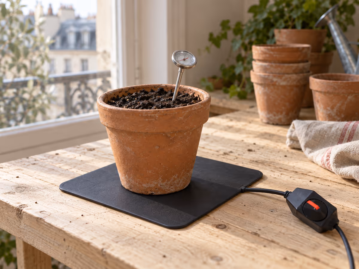 Thermomètre de sol piqué dans le terreau d'un pot de semis posé sur une plaque chauffante, table de semis en bois clair