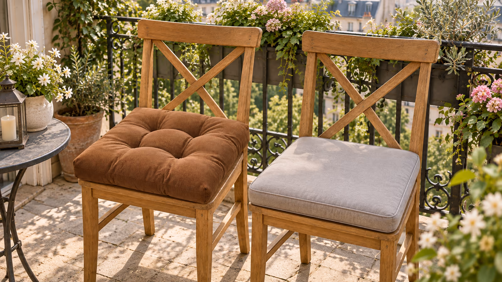 Deux chaises de balcon en bois côte à côte, l'une avec un coussin carré épais en velours côtelé marron, l'autre avec une galette unie gris clair