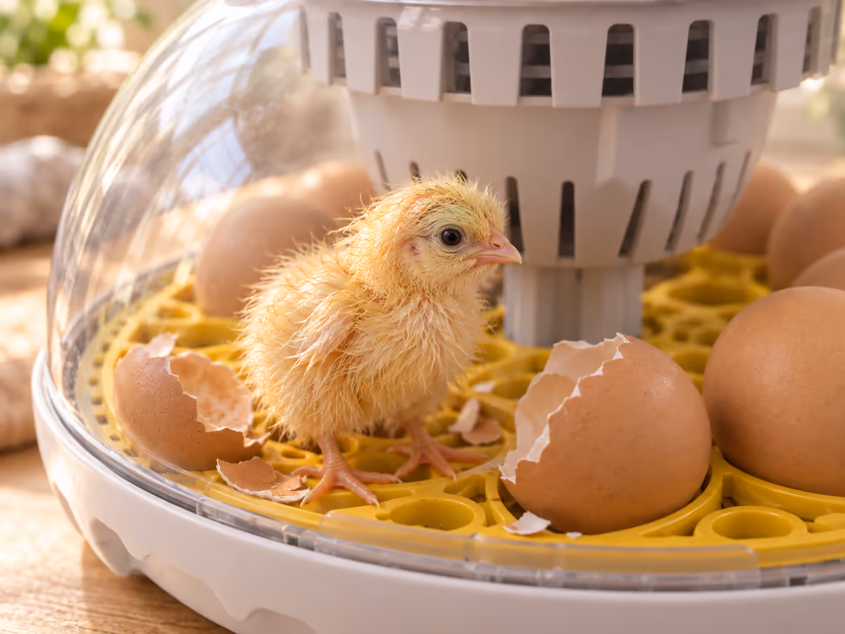 Poussin jaune encore humide sur le fond de la couveuse, fragments de coquille autour, dôme transparent en arrière-plan