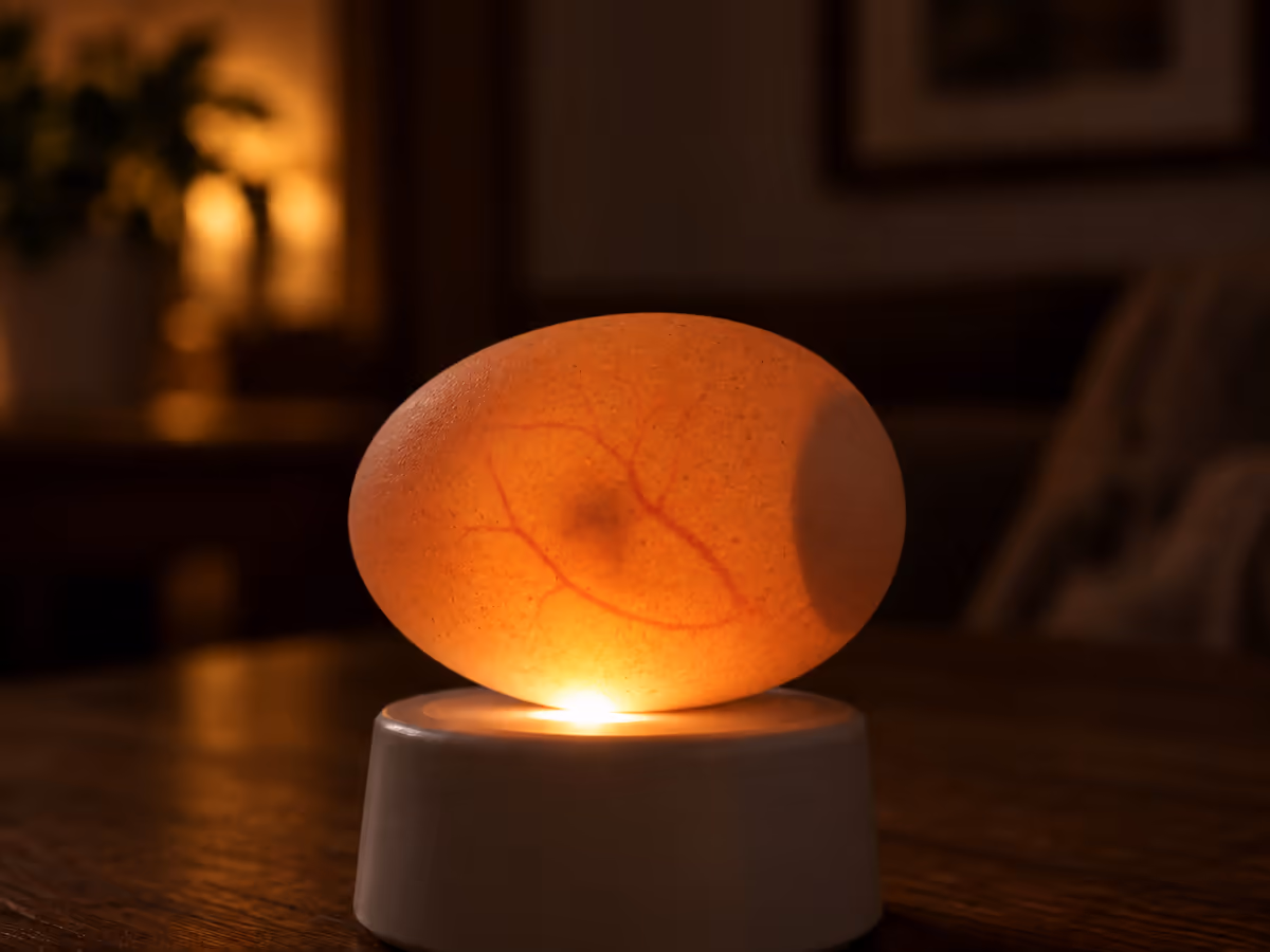 Oeuf brun tenu au-dessus d'une source lumineuse dans une pièce sombre, chambre à air visible en croissant au gros bout de l'oeuf