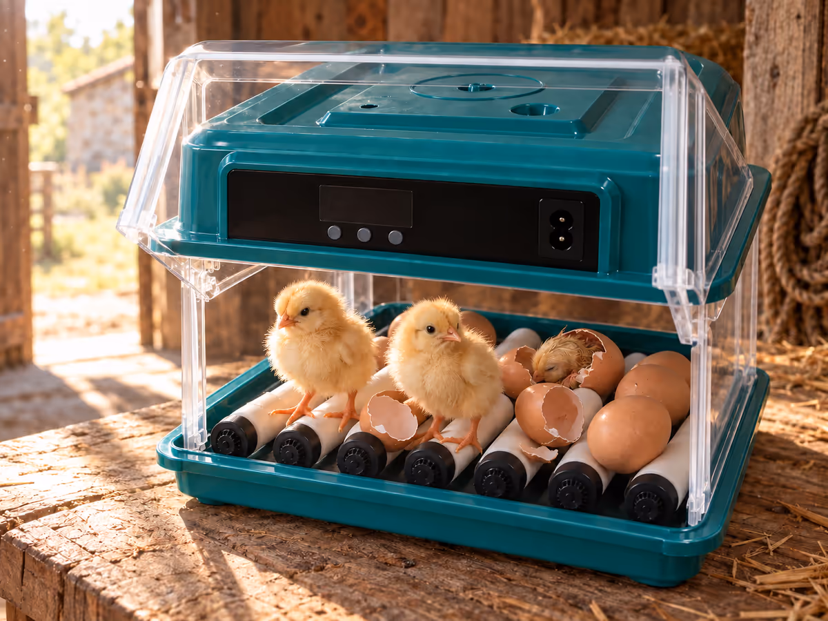 Couveuse posée sur une table de grange, capot transparent relevé, deux poussins jaunes debout près de coquilles brisées entre les rouleaux blancs
